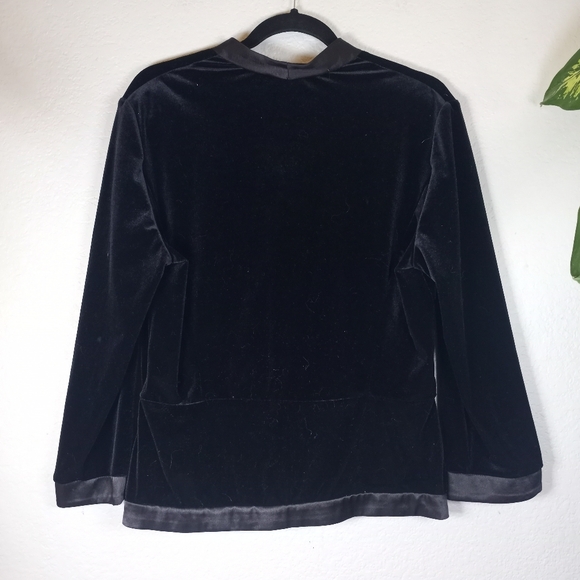 Vintage Black Velvet Satin Bow Snap Front Festive Holiday Christmas Jacket L - Picture 5 of 8